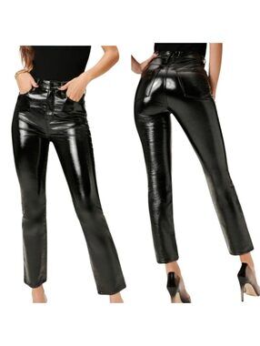 Good American Good Curve Straight Vinyl Pants 6/28 Black Faux Patent Crop NWOT